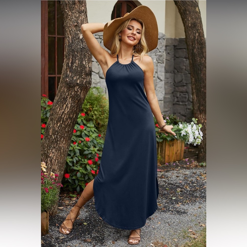 Blue Sleeveless Halter Midi Sundress
